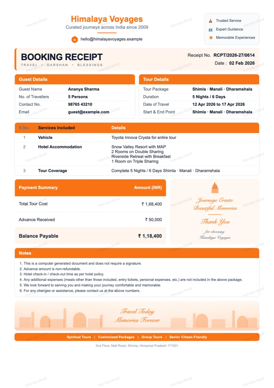 Booking receipt showing guest details, services included and the balance payable