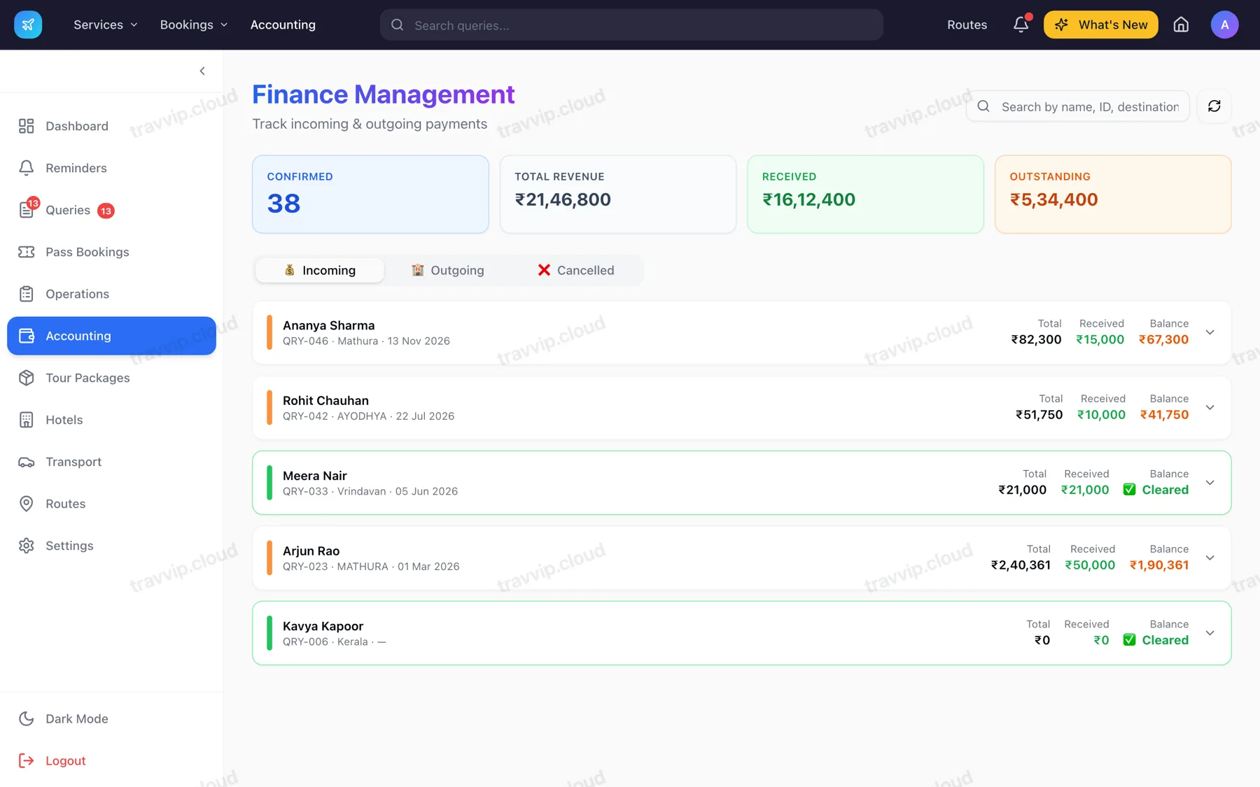 Finance screen with payments, outstanding balances and invoices