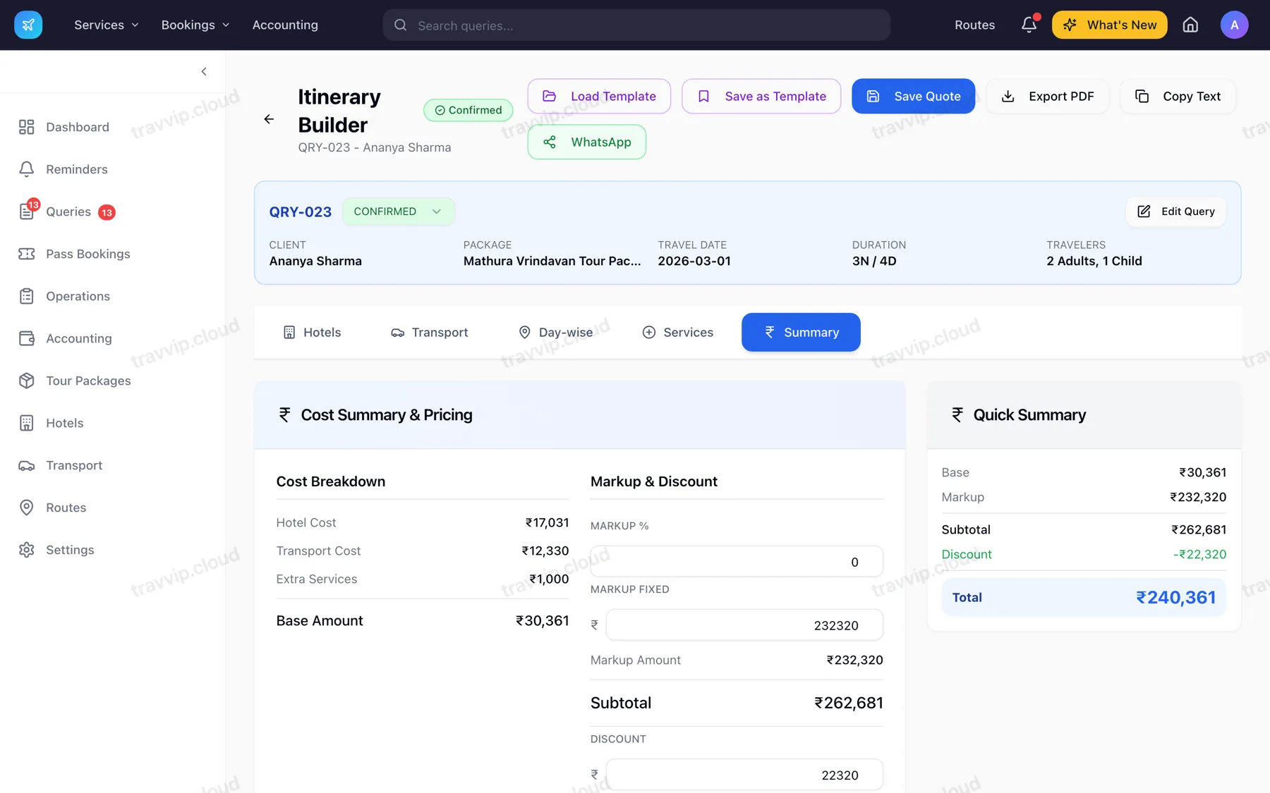 Cost summary with markup and discount