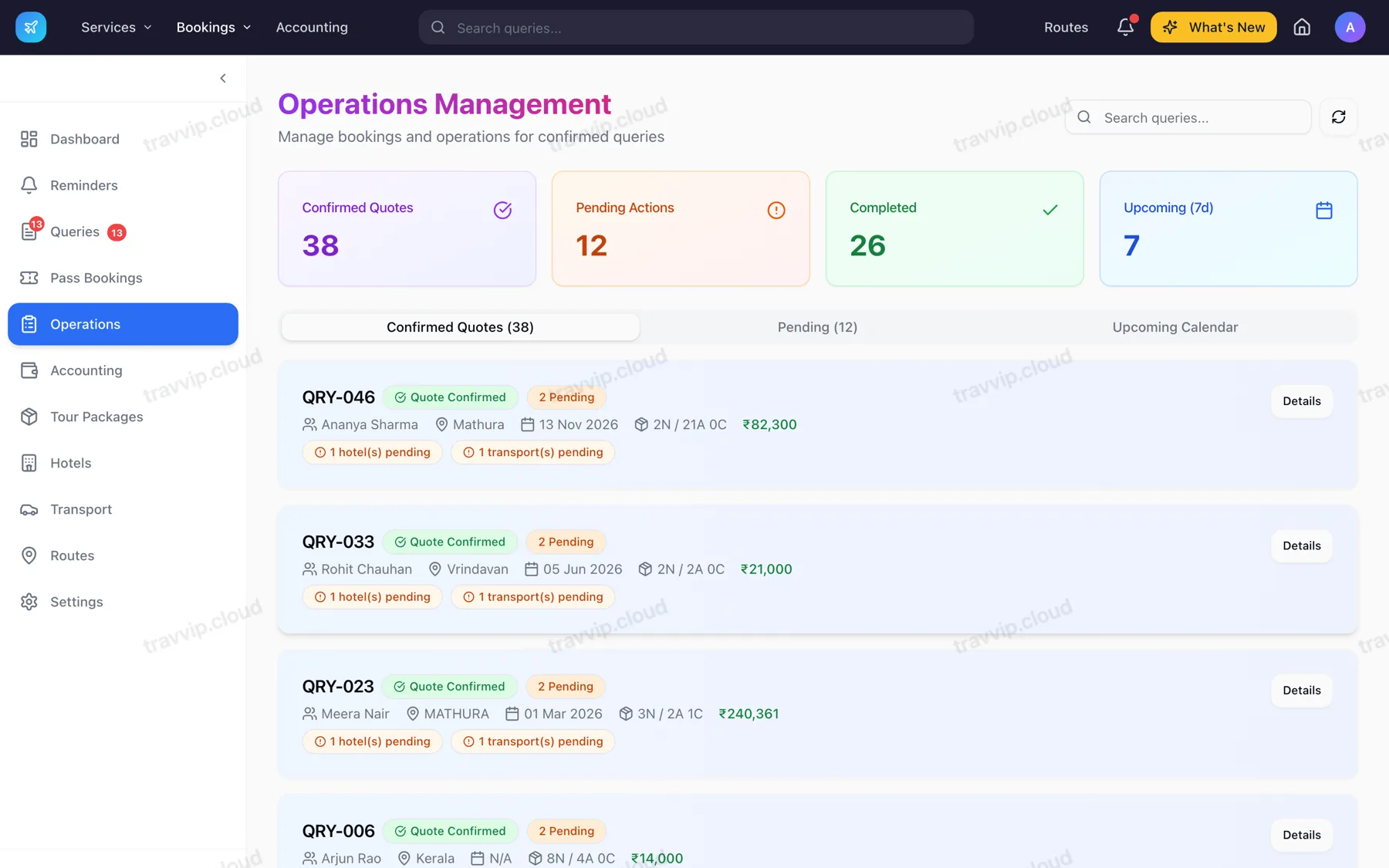 Operations board showing confirmed trips and their booking status