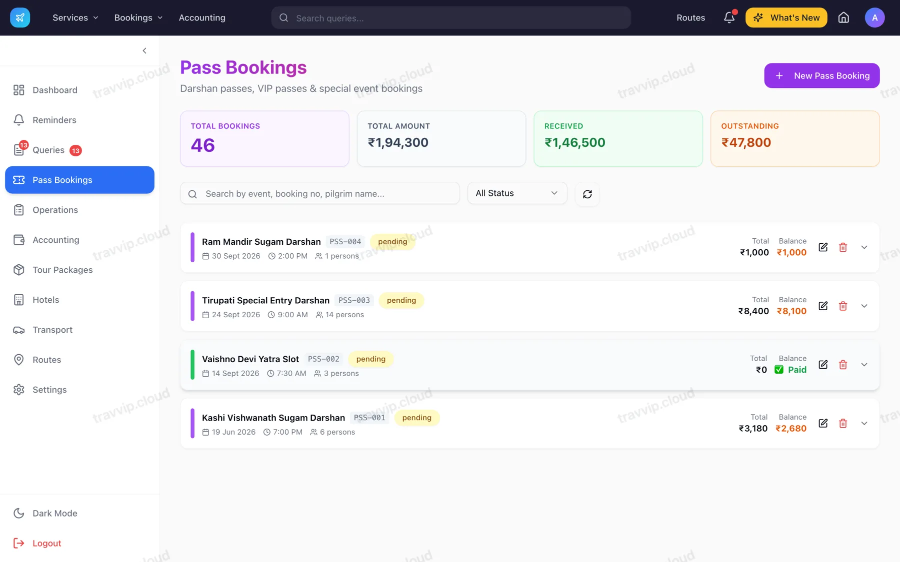 Pass bookings with event dates, pilgrim counts and balances