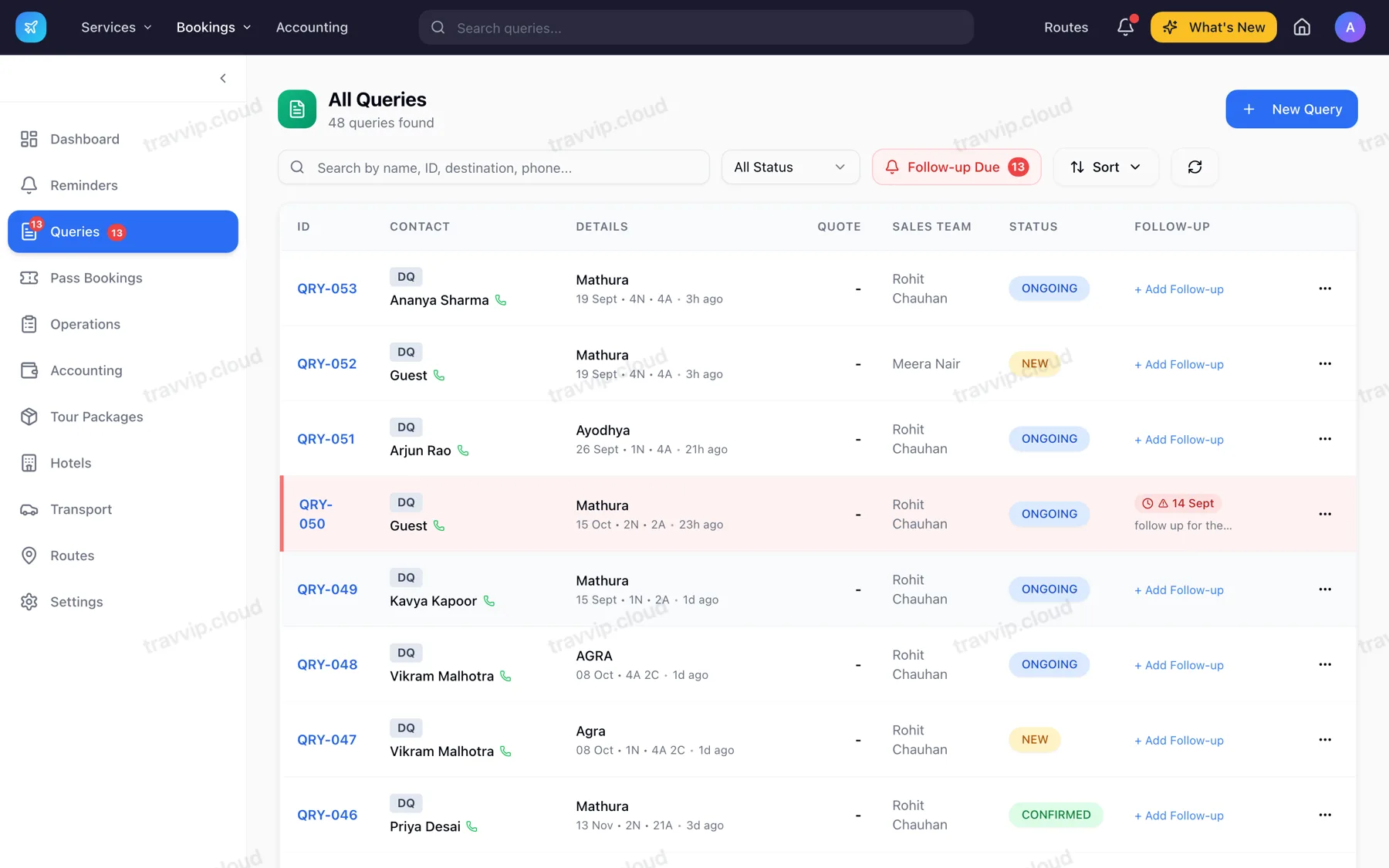 Enquiry list with status, assignment and follow-up dates