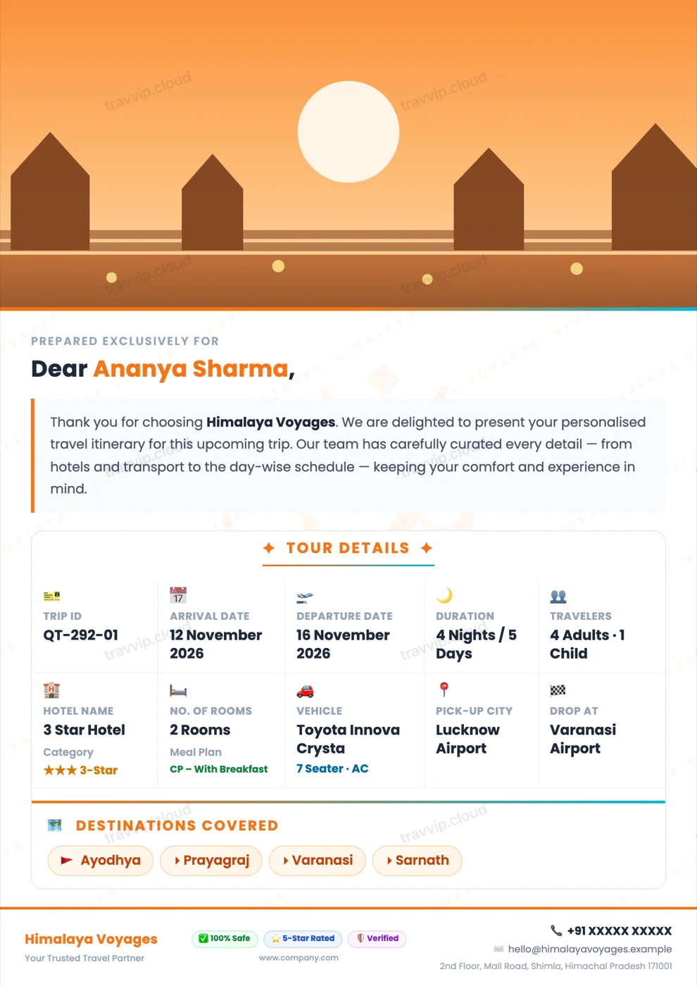 Itinerary quote PDF for a four night Ayodhya and Varanasi tour, showing tour details, hotels and destinations covered