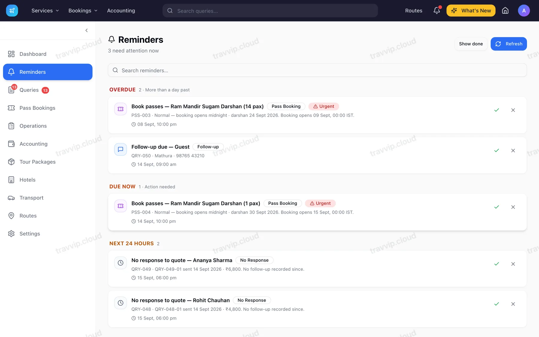 Reminder list showing upcoming trips, balances and follow-ups